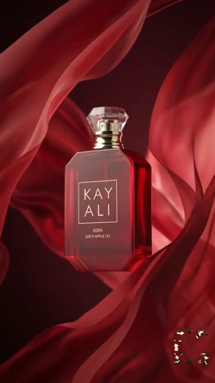 Red KAYALI Eden Juicy Apple bottle in flowing red fabric