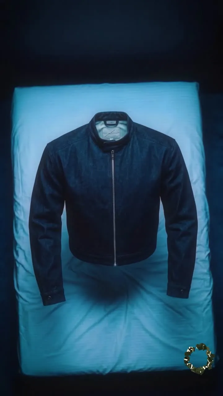 Dark jacket displayed in a blue illuminated room