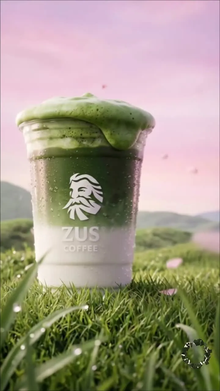 ZUS matcha drink against a pink sky and greenery